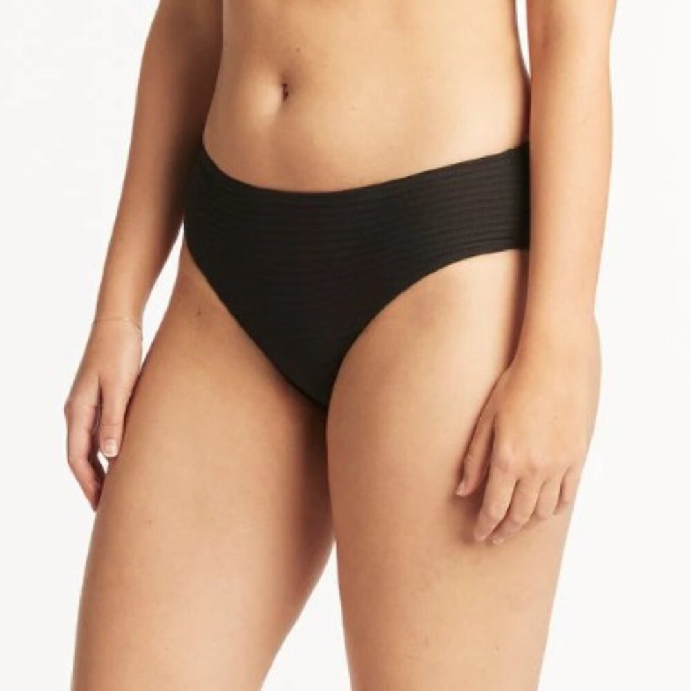 Sea Level Spinnaker Black Textured Rib Mid-Rise Bikini Bottom 8